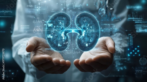 Hands with a digital human kidneys illustration, blue medical data and graphs in the background