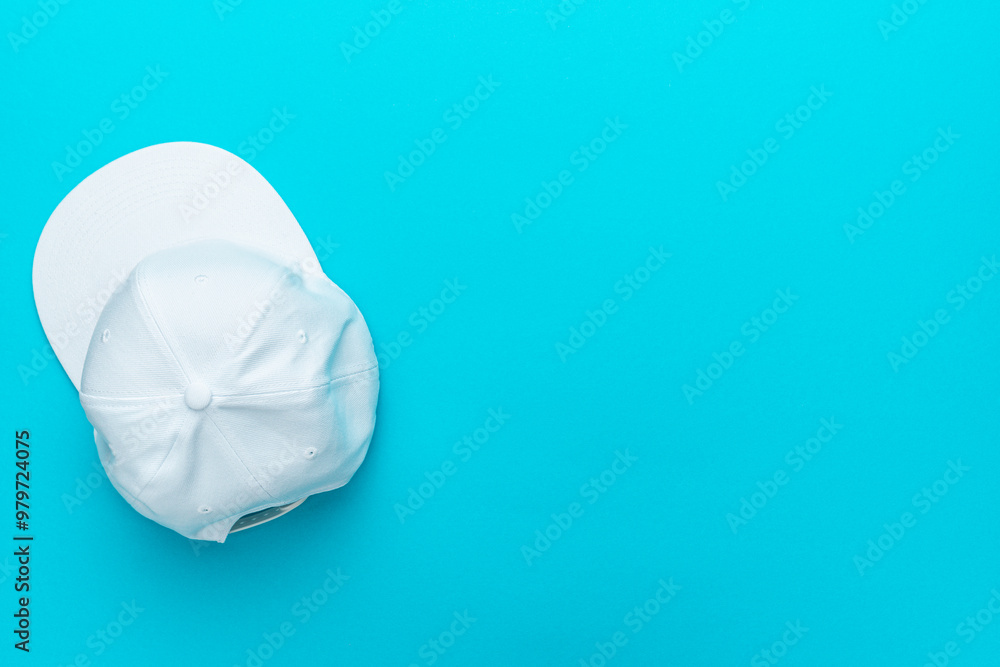 Top view of baseball cap over turquoise blue background. Flat lay top-down composition of white snapback cap. Minimalist flat lay photo of white cap with copy space. Top view of baseball cap over turquoise blue background. Flat lay top-down composition of white snapback cap. Minimalist flat lay photo of white cap with copy space.