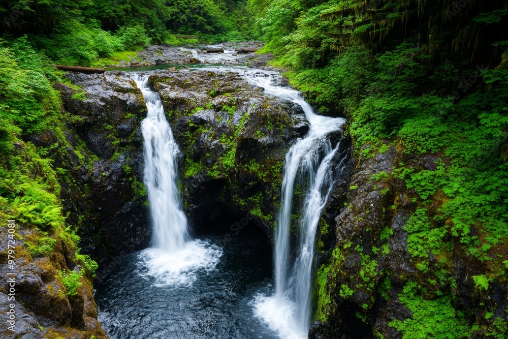 Olympic National Park's waterfalls in the Quinault Rainforest, surrounded by lush greenery and moss-covered rocks Olympic National Park's waterfalls in the Quinault Rainforest, surrounded by lush greenery and moss-covered rocks