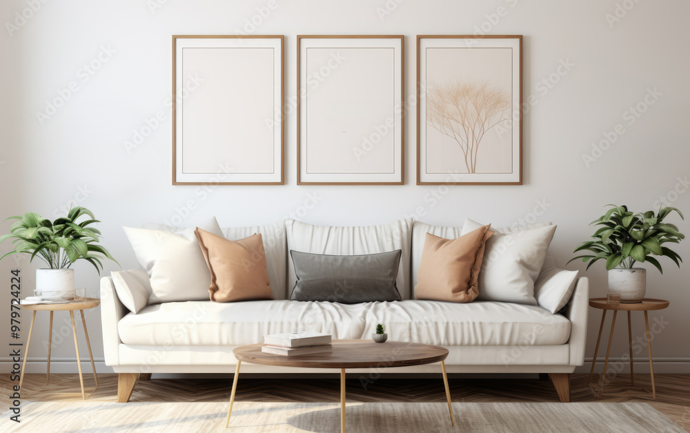 generated illustration of modern living room with gray sofa and blank white wall mockup. generated illustration of modern living room with gray sofa and blank white wall mockup.