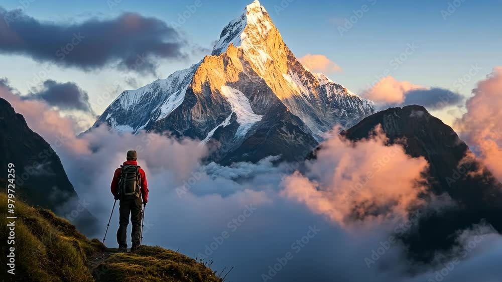 Hiker admires stunning mountain views at sunrise in the Himalayas Hiker admires stunning mountain views at sunrise in the Himalayas