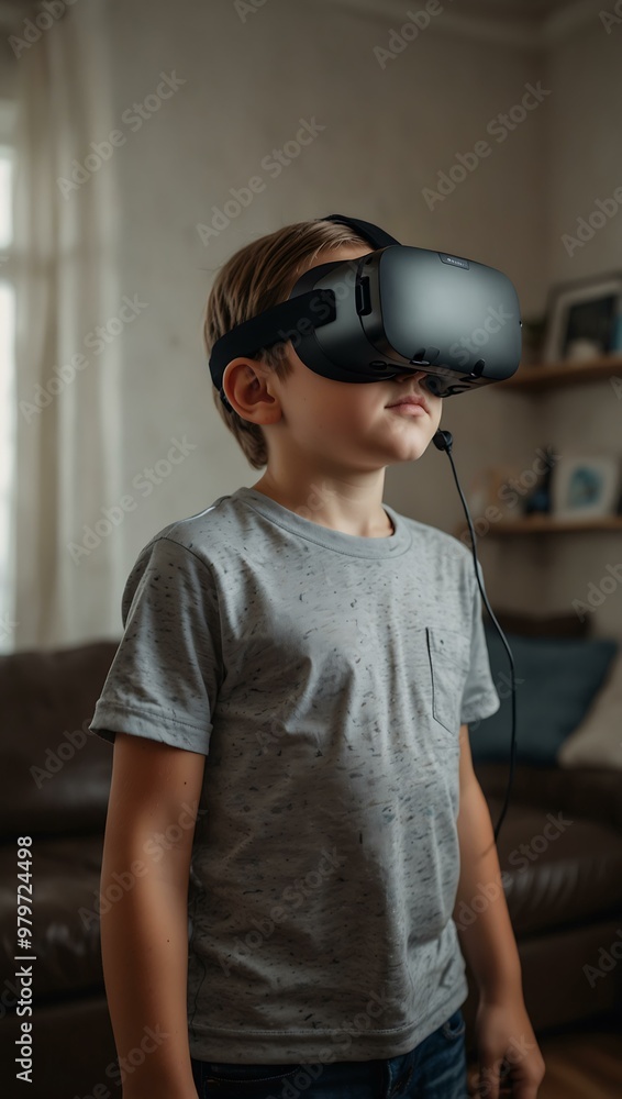 Gen Alpha or Beta kid exploring with a VR headset. Gen Alpha or Beta kid exploring with a VR headset.