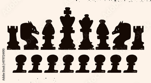 Black Chess figures set. Trendy board game, strategy concept. Black silhouettes. King, queen, bishop, pawn, horse, knight, rook. Hand drawn modern Vector illustration. Isolated design elements