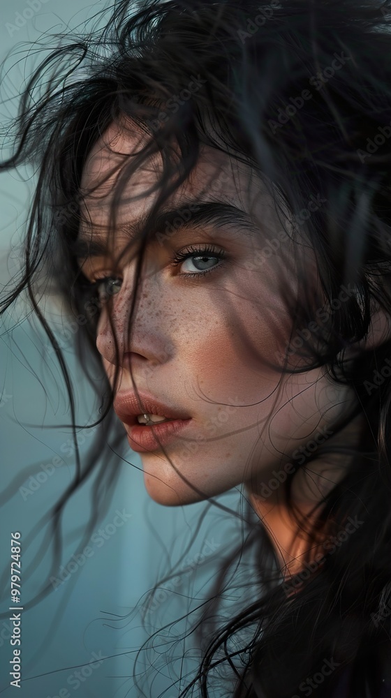 A close-up portrait of a young woman with windblown hair, looking intensely at the camera. A close-up portrait of a young woman with windblown hair, looking intensely at the camera.
