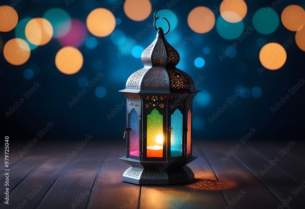 Traditional Arabic lantern on table against blurred lights at night. Space for text
Traditional Arabic lantern on table against blurred lights at night. Space for text