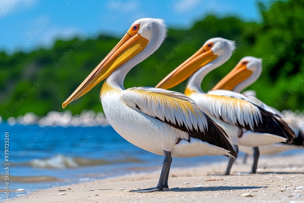 Pelican flock gathered on a quiet beach, their feathers ruffled by a gentle sea breeze Pelican flock gathered on a quiet beach, their feathers ruffled by a gentle sea breeze