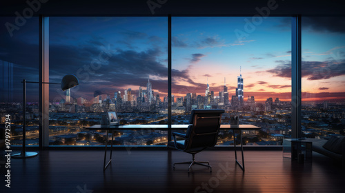 generated illustration of night cityscape view from office desk with laptop and chair.