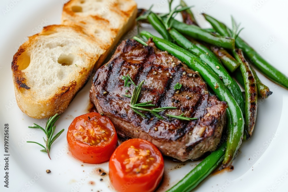 Lamb Steak Feast: Grilled Meat Fillet with Green Beans, Tomatoes, and Bread Lamb Steak Feast: Grilled Meat Fillet with Green Beans, Tomatoes, and Bread