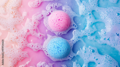 Fizzy bath bombs on a colorful foam background