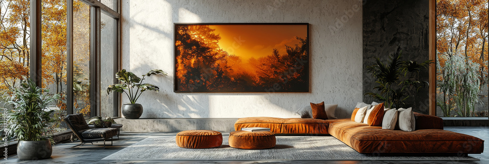 A modern living room with large windows, a cozy sectional sofa, and a stunning landscape photograph above the fireplace. A modern living room with large windows, a cozy sectional sofa, and a stunning landscape photograph above the fireplace.