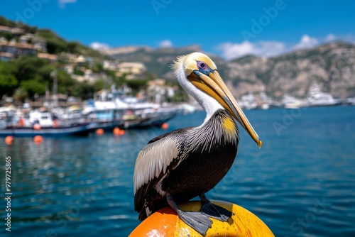 Pelican perched on a buoy, calmly observing the bustling harbor filled with boats and activity photo