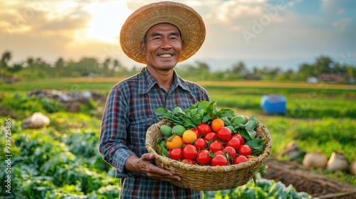 Happy Thai farmer holding a woven basket of freshly picked fruits, green field backdrop, wide angle, bright sunny day