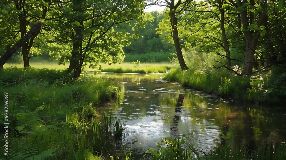 A serene setting is produced by the presence of water in a woodland setting A serene setting is produced by the presence of water in a woodland setting