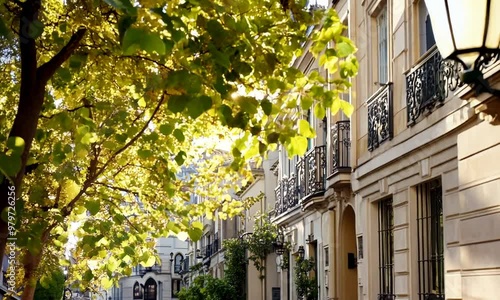 Wallpaper Mural A picturesque street is illuminated by the warm glow of the setting sun filtering through vibrant green leaves, highlighting elegant architecture and charming details Torontodigital.ca