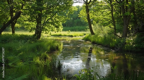 A serene setting is produced by the presence of water in a woodland setting