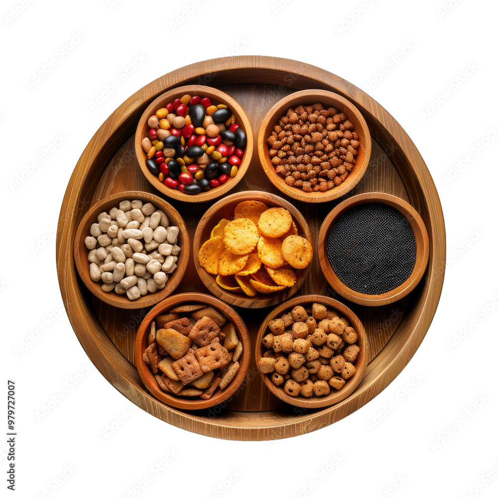 Top view of bowls full of salty snacks, standing on a round wooden tray Top view of bowls full of salty snacks, standing on a round wooden tray