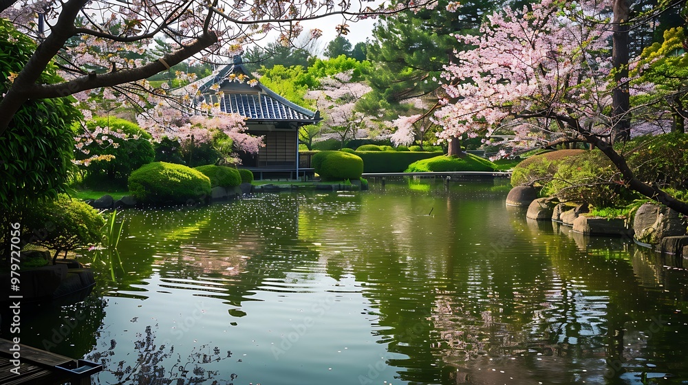 A serene yard with flowering cherries and an artificial lake A serene yard with flowering cherries and an artificial lake