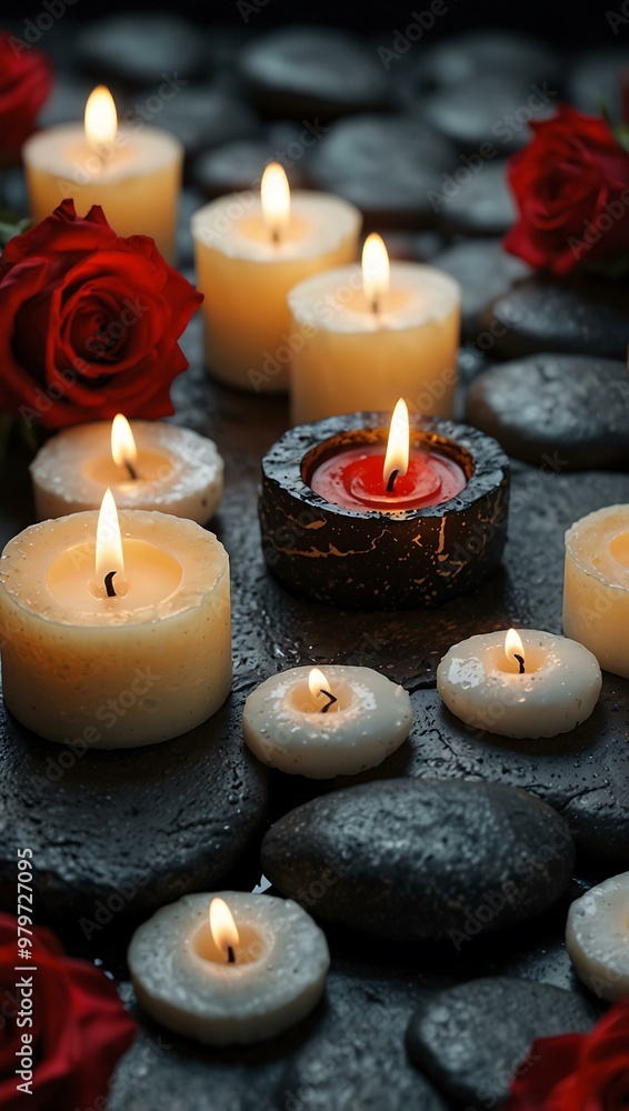 Glowing candles with red and white roses on polished black stones for relaxation. Glowing candles with red and white roses on polished black stones for relaxation.