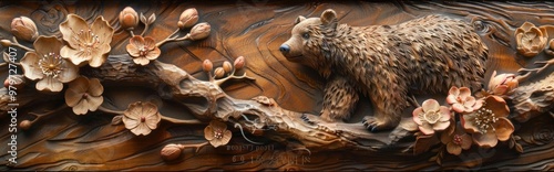 Wooden Carving of a Bear in a Cherry Blossom Tree photo