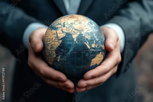 A businessman holds a globe, symbolizing global connection and responsibility in a modern world.