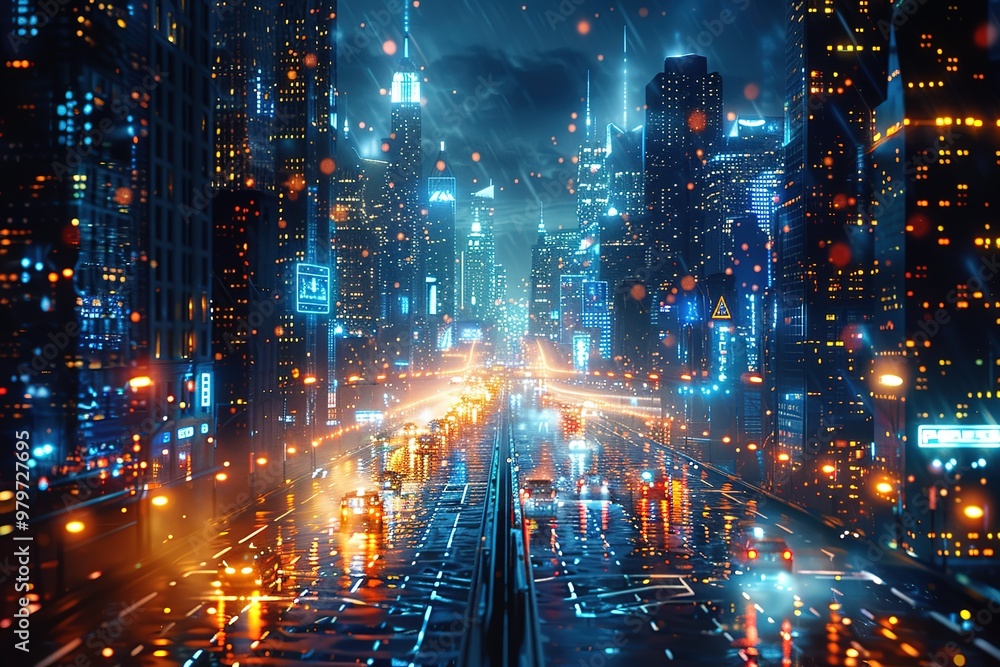A city street at night with lots of lights and cars A city street at night with lots of lights and cars