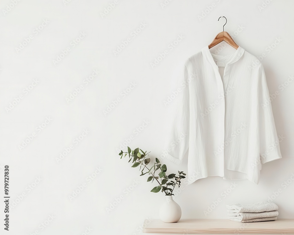 Neatly folded summer dress hanging on a wooden hanger, light background for simplicity Neatly folded summer dress hanging on a wooden hanger, light background for simplicity