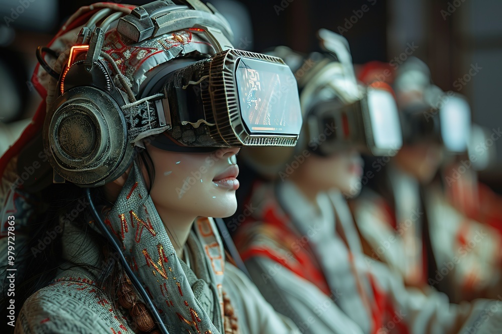 A woman wearing a virtual reality headset is sitting in a room with other people A woman wearing a virtual reality headset is sitting in a room with other people