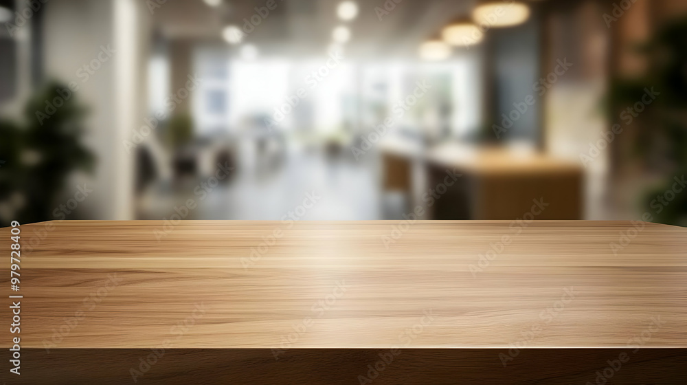 A Close Up View of a Light Brown Wooden Table Top in Front of a Blurred Background of a Modern Office Setting, Providing a Mockup for Displaying Products or Text A Close Up View of a Light Brown Wooden Table Top in Front of a Blurred Background of a Modern Office Setting, Providing a Mockup for Displaying Products or Text