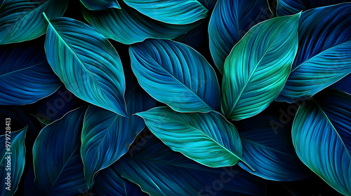 A Close Up of Vibrant Green and Blue Leaves Displaying a Natural, Detailed, and Lush Pattern