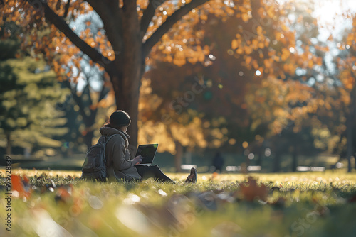 Person using a laptop in a park with solar-powered charger