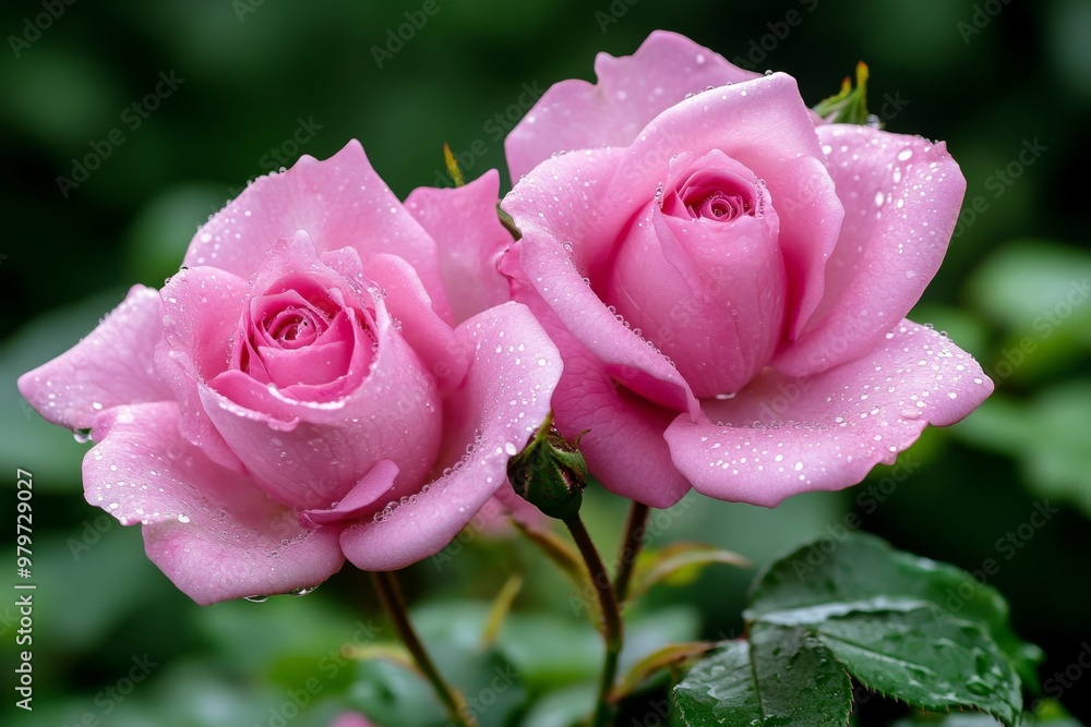 Roses in an English garden, their velvety petals glistening with morning dew Roses in an English garden, their velvety petals glistening with morning dew