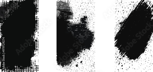 Snowflakes falling down on black background, heavy snow flakes isolated, Empty old vintage black scratch torn poster set overlay texture background