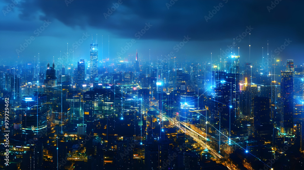 Obraz premium A Nighttime View of a City with Illuminated Buildings and Connected by Abstract Lines of Light