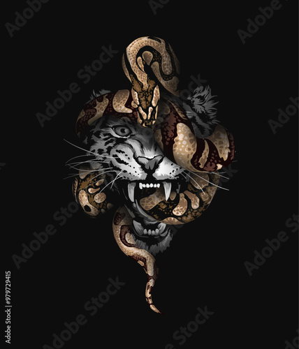 python wrapping leopard head graphic vector illustration on black background