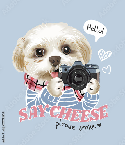 say cheese slogan with cartoon dog holding camera vector illustration
