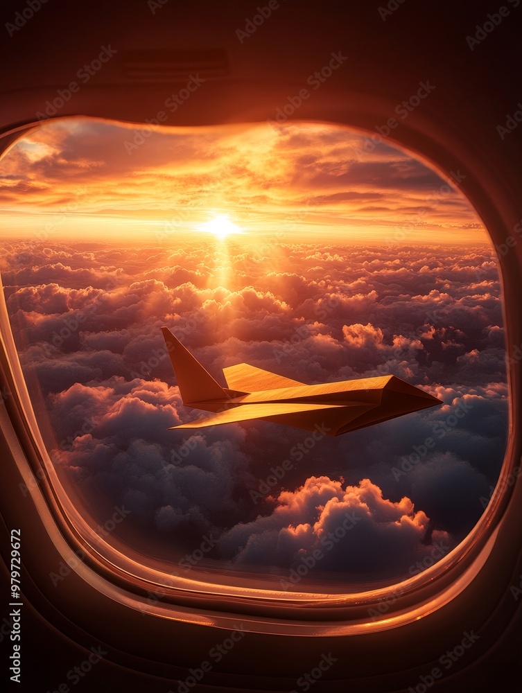A breathtaking view of a golden sunset through an airplane window, showcasing fluffy clouds and a distant aircraft, symbolizing travel, freedom, adventure, and the beauty of nature. A breathtaking view of a golden sunset through an airplane window, showcasing fluffy clouds and a distant aircraft, symbolizing travel, freedom, adventure, and the beauty of nature.