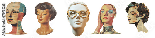Retro element statue, female mannequin, Collection for modern collage. Grunge stickers, png, transparent background.