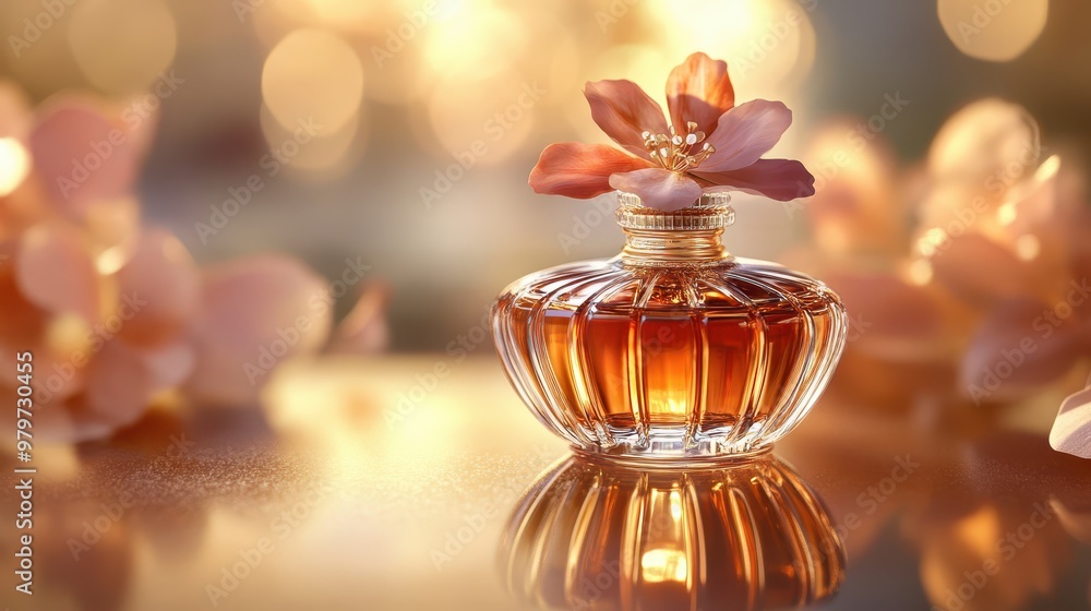 High-end perfume bottle with a delicate floral cap on a glossy surface with warm tones High-end perfume bottle with a delicate floral cap on a glossy surface with warm tones