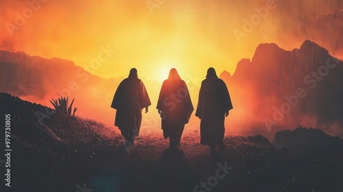 Abstract depiction of the resurrected Jesus walking alongside his disciples, radiant light symbolizing eternal hope and divine presence