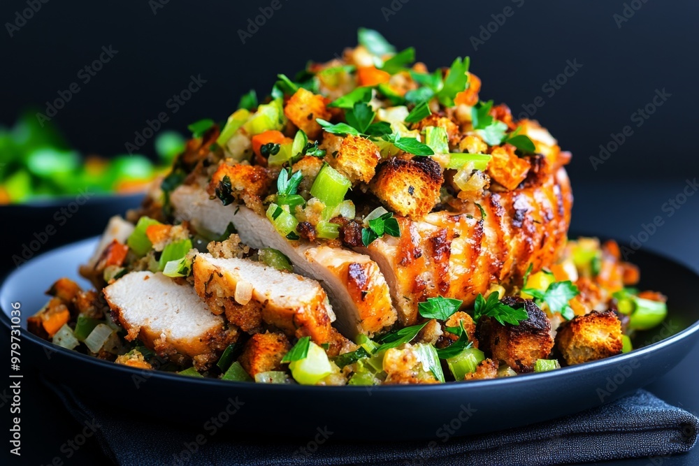 Thanksgiving stuffing made with savory bread, herbs, and vegetables, spilling from the turkey onto the plate Thanksgiving stuffing made with savory bread, herbs, and vegetables, spilling from the turkey onto the plate