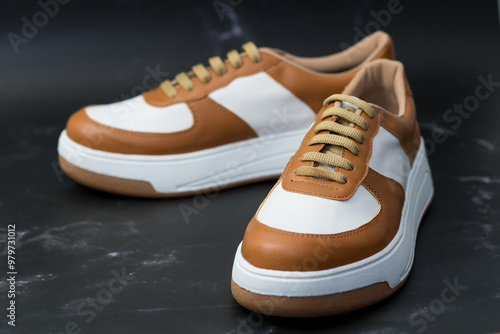 Elegant sneakers in eco-leather in white and light brown impact view