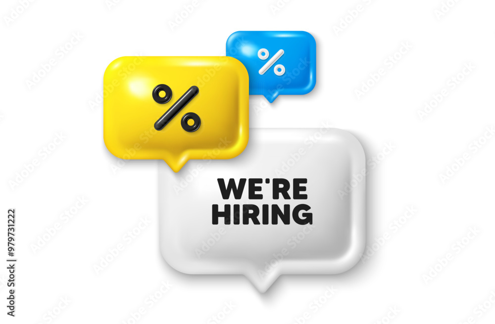 Discount speech bubble offer 3d icon. We are hiring tag. Recruitment agency sign. Hire employees symbol. Hiring discount offer. Speech bubble sale banner. Discount balloon. Vector Discount speech bubble offer 3d icon. We are hiring tag. Recruitment agency sign. Hire employees symbol. Hiring discount offer. Speech bubble sale banner. Discount balloon. Vector