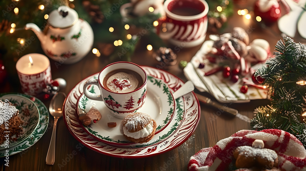 A Christmas morning breakfast table with festive plates, holiday decorations, and hot cocoa. A Christmas morning breakfast table with festive plates, holiday decorations, and hot cocoa.