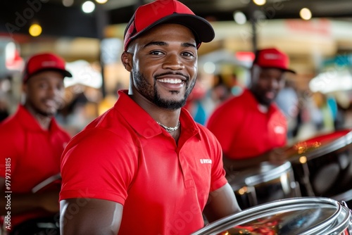 Trinidad and Tobago showcasing the traditional steelpan music, with musicians playing rhythmic beats on steel drums photo