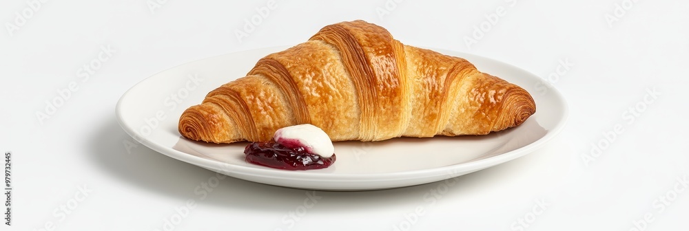 A freshly baked croissant served on a white plate with a dollop of cream and a spoonful of jam. It represents a classic breakfast treat, the perfect combination of sweet and flaky, and a delightful st