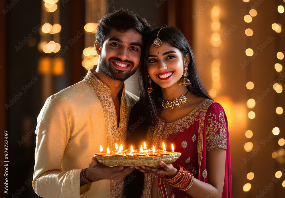 young indian couple holding oil lamps plate young indian couple holding oil lamps plate