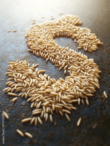 A dollar sign formed from uncooked rice grains, representing the value of food and agriculture globally. The image symbolizes the cost of food, rice as a staple food, and the global trade of agricultu photo