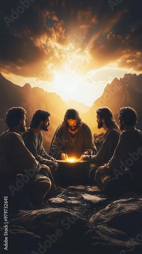 Jesus meeting with his disciples on a mountain after the resurrection, light shining from his body, symbolizing divine authority