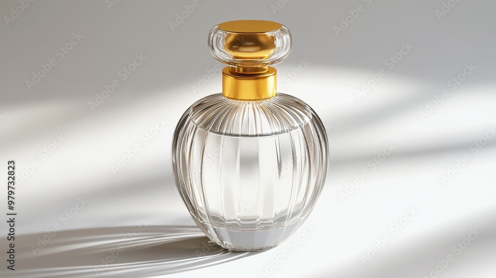 High-resolution clear glass perfume bottle with gold cap, smooth lines, front view, clear texture details High-resolution clear glass perfume bottle with gold cap, smooth lines, front view, clear texture details