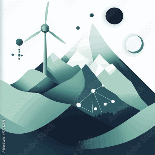 A minimalist illustration of a wind turbine in a mountainous landscape, highlighting the harmony between renewable energy and nature.